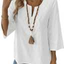 EVALESS Boho Tops for Women Blouses Dressy Casual V Neck 3/ 4 Sleeve Shirts Spring Outfits Trendy Vacation Clothes White M