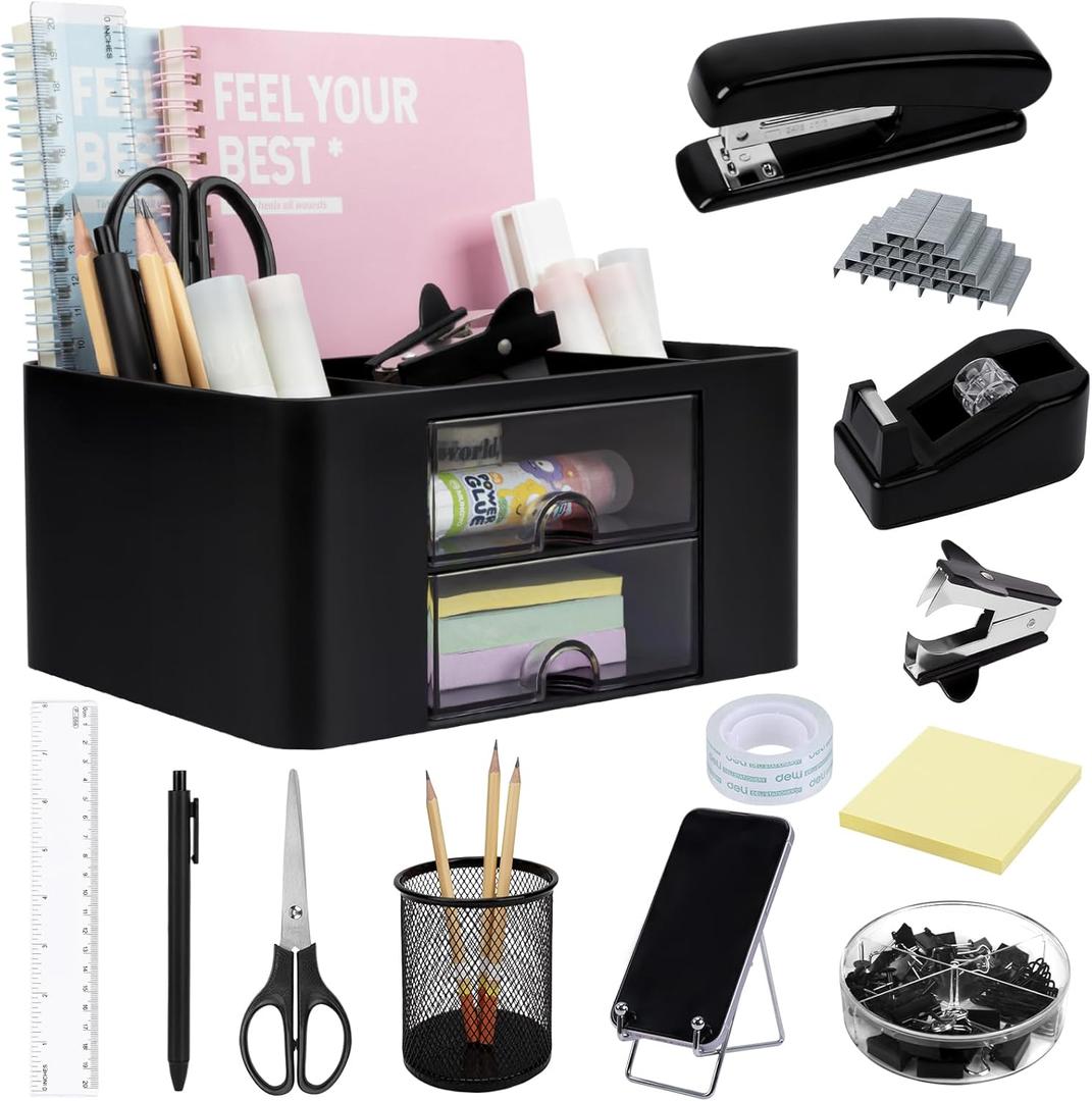 Black Desk Organizers and Accessories 12+1Pcs, Office Supplies for Desk, Pen Organizer with 2 Drawers with Stapler,1000 Staples, Phone Holder, Tape Dispenser, Pen Holder, Sticky Note, Clips, Ruler,Etc