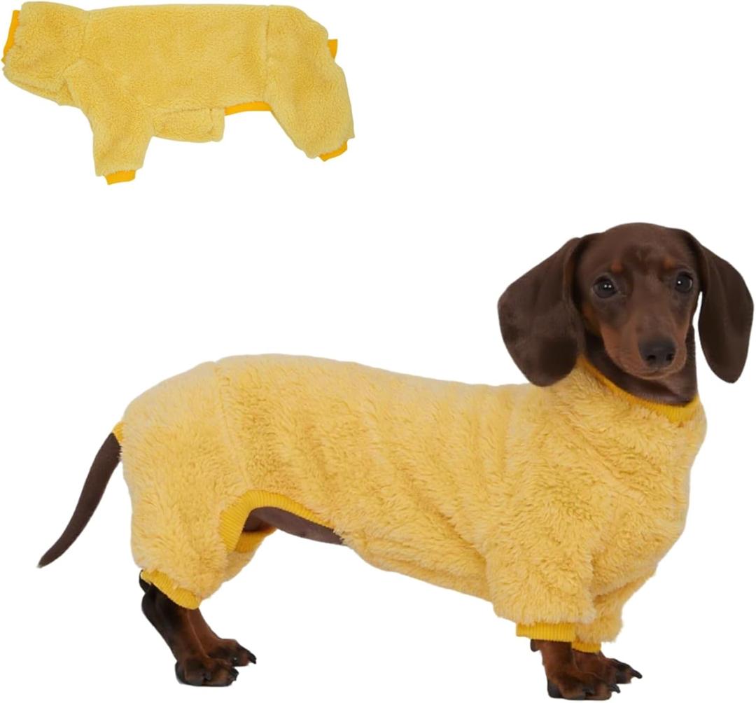 Dachshund Dog Fleece Jumpsuit Turtleneck Sweater, Suitable for Dachshunds, Winter Soft Cozy Dog Pajamas Clothes (Yellow, Medium)