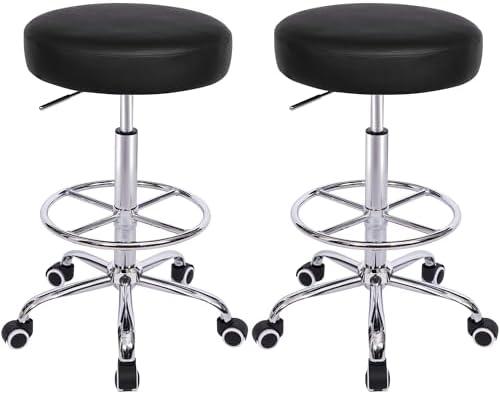 VECELO Round Rolling Stool with Footrest and Wheels, Easy Assembly PU Leather Height Adjustable Drafting Swivel Chair for Spa Salon, Office, Medical, Beauty, Bar, Lab, Black,