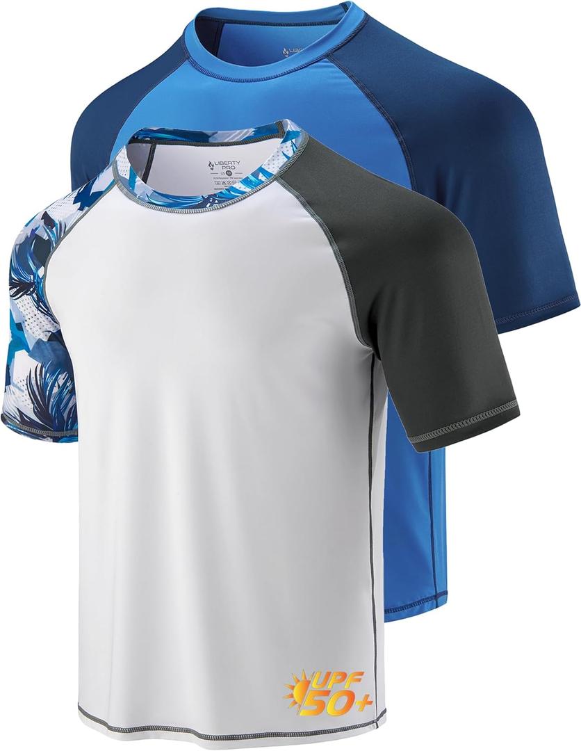 Liberty Imports 2-Pack Men's UV Short Sleeve Swim Shirts Loose Fit Rash Guards (3X-Large, Printed White/Contrast Blue)