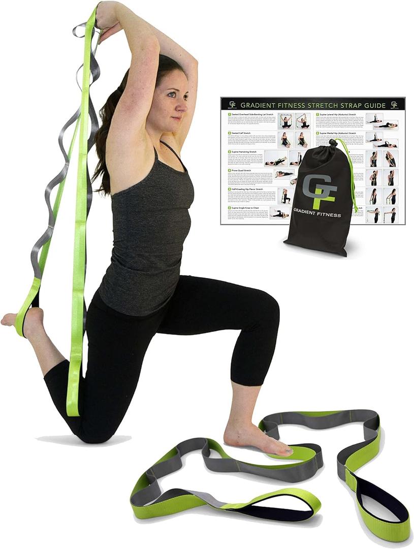 Gradient Fitness Stretching Strap for Physical Therapy, 12 Multi-Loop Stretch Strap 1.5" W x 8' L, Neoprene Handles, Physical Therapy Equipment, Yoga Straps for Stretching, Leg Stretcher. (Green/Grey)