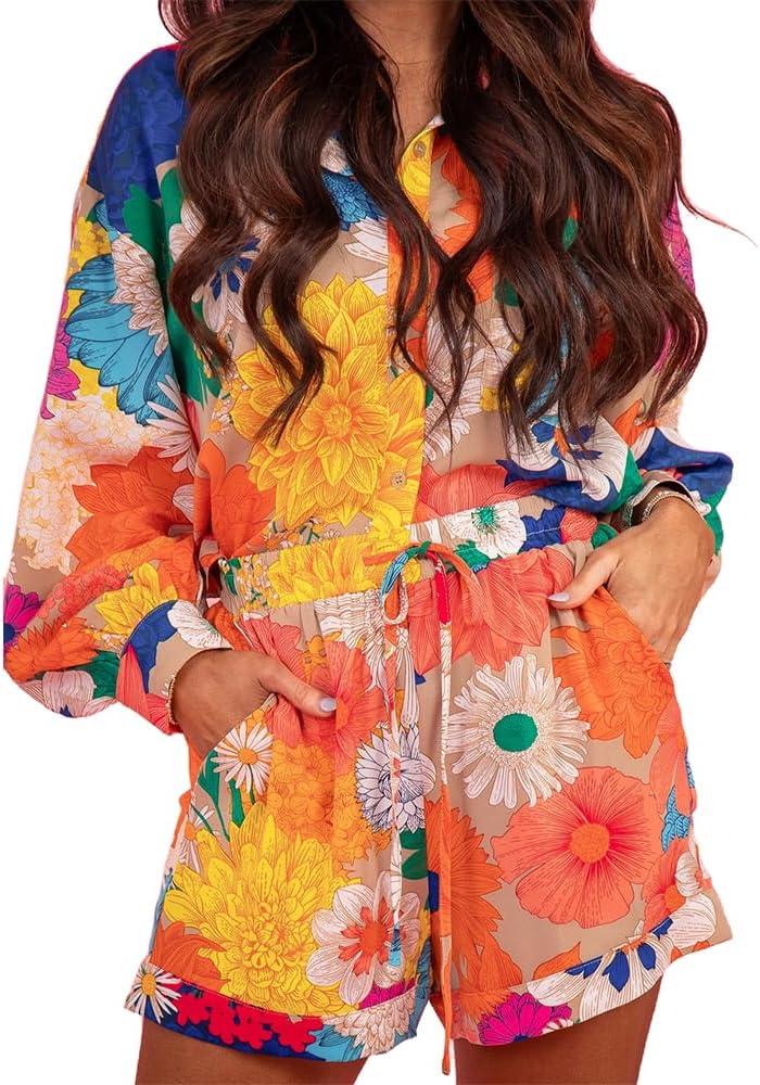 Molilove Women's Summer 2 Piece Outfits Print Button Down Shirt Shorts Pockets Long Sleeve Beach Vacation Going Out Outfits XL