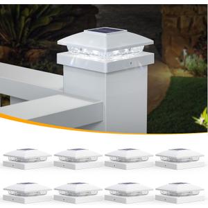 APONUO Solar Post Cap Lights for 4x4 Posts, Bright Cool White LED Post Cap Lights Solar Powered, IP64 Waterproof & All-Night Lighting, White 8 Pack Deck, Fence, Patio Light 