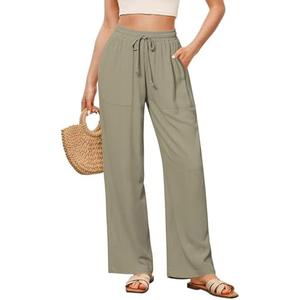 GRAPENT Linen Pants for Women Wide Leg High Waisted Baggy Drawstring Elastic Waist Palazzo Trousers Pants with Pockets Size L