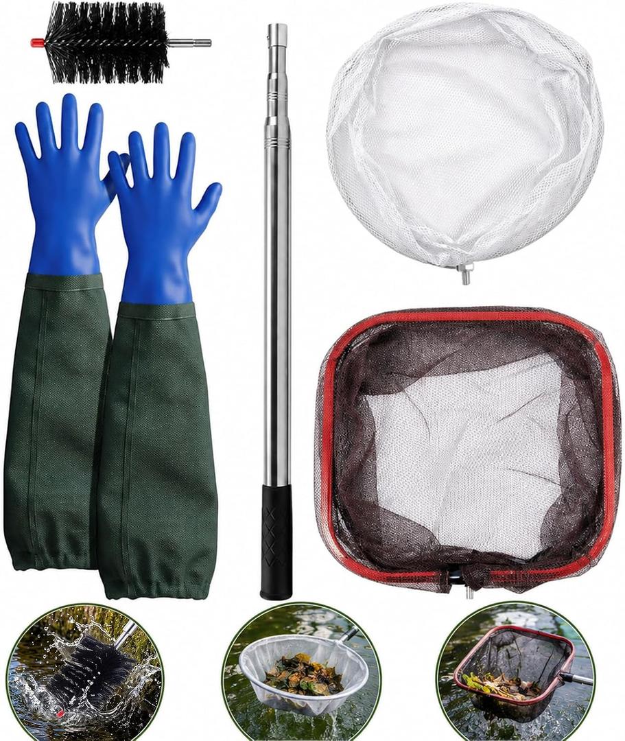 LemonRoad 4-in-1 Pond Cleaning Kit with Nets, Brush, Gloves, 6.8 ft Pole