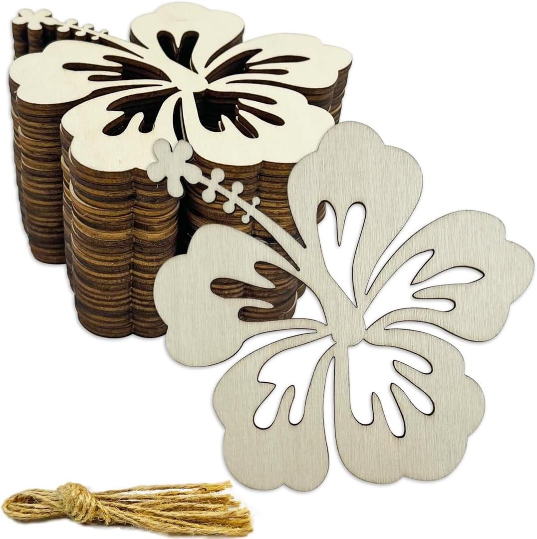 30 Pcs 4 Inch Unfinished Wood Hibiscus Flower Cutouts DIY Crafts Wooden Hibiscus Shaped Hanging Ornaments with Hole Hemp Ropes for Easter Spring Party Decoration