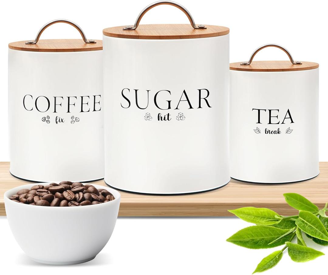D'Lifeful Tea Coffee Sugar Canister Set 3pc Airtight Canister Sets for Kitchen Counter Farmhouse Containers for the Kitchen Decorative Countertop Storage With Airtight Lid for Freshness White