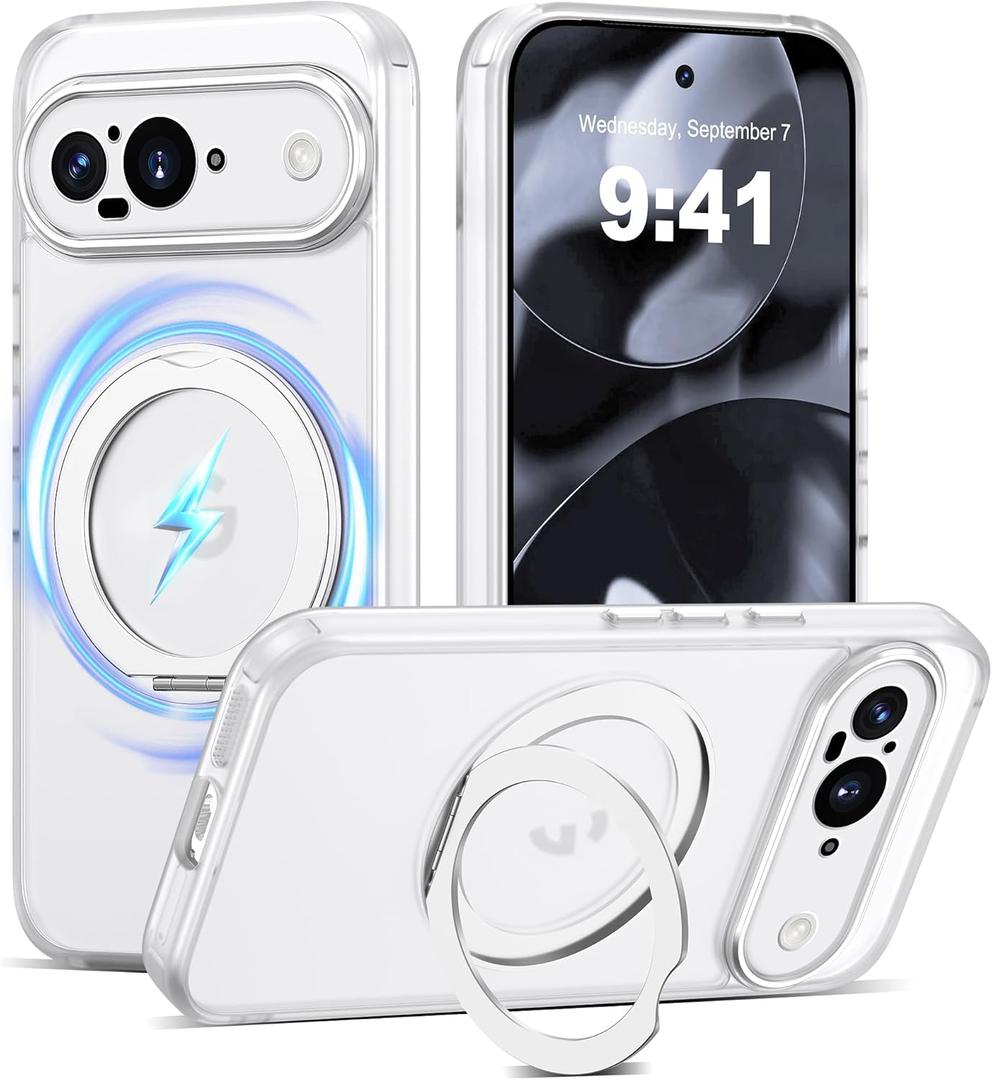 Compatible with Google Pixel 9 Case with 360 Magnetic Ring Stand [Compatible with Mag-Safe ] Shockproof Translucent Phone Case for Google Pixel 9 6.3 inches,Translucent