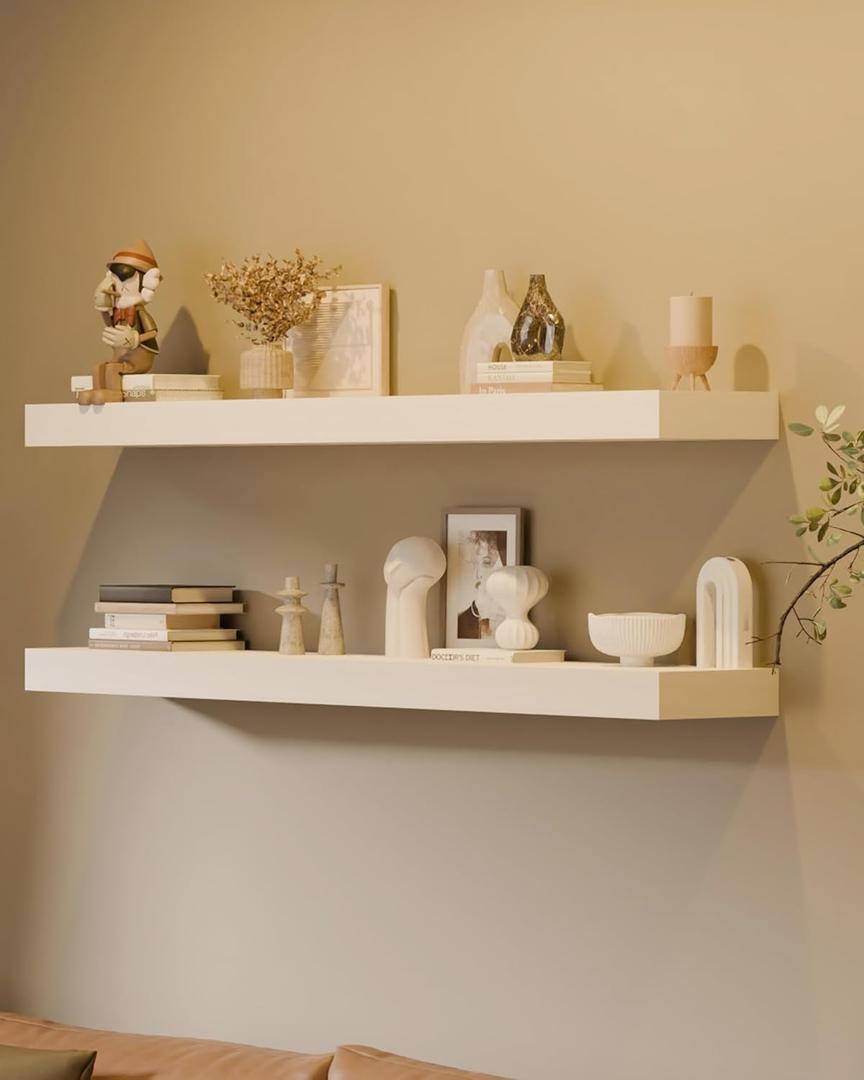 48 Inch Extra Long Floating Shelves, Set of 2 Deep Floating Shelves 12in Depth, Floating Shelves Long Heavy Duty Wood Shelves for Wall, Solid Wood White Finish