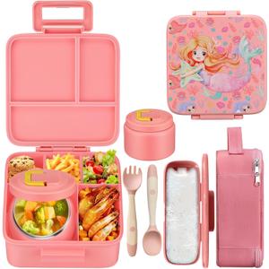 MAISON HUIS Kids Bento Lunch Box Set With 8oz Soup Thermo, Leakproof Lunch Containers with 5 Compartment, Thermo Hot Food Jar and Insulated Lunch Bag, BPA Free,Travel, School -Pink (Mermaid)