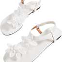 GORGLITTER Women's Flower Thong Flat Sandals Floral Open Toe Ankle Strap Vacation Beach Flats Shoes Size 40 (White)