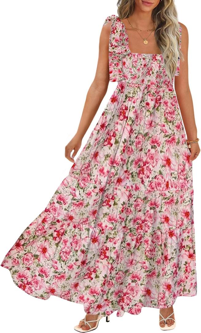 Women's Summer Maxi Dress Boho Spaghetti Straps Casual Long A-line Smocked Beach Dress Square Neck Flowy Sun Dress, Pink