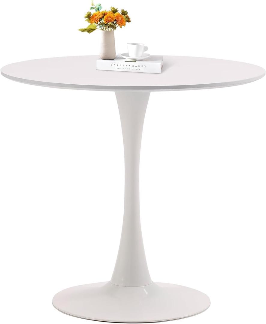 White Round Dining Table, 31.5" Tulip Table Kitchen Round Dining Table for 2-4 People with MDF Table Top and Metal Pedestal Base, Mid-Century Leisure Table for Home, Dining Room, Cafe