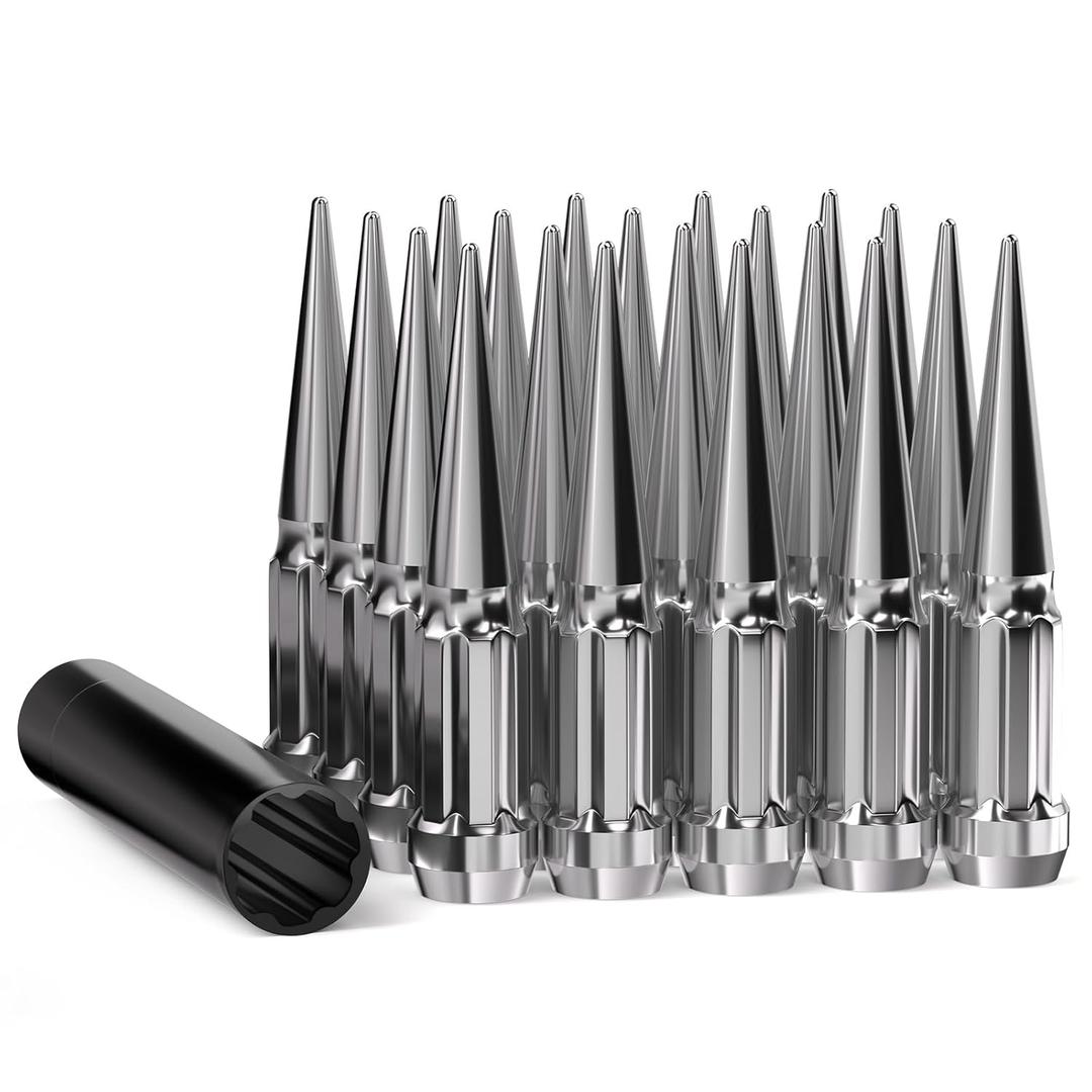 GAsupply 20pcs 1/2-20 Spike Lug Nuts Chrome, 1/2 x 20 Locking Spiked Lug Nut Spline 4.4" 112mm Tall, Closed End Bulge Acorn 60 Degree Cone/Conical Seat (Silver)