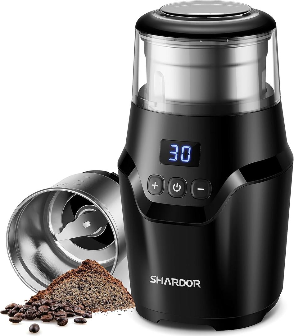 SHARDOR Adjustable Coffee Grinder Electric, Super Silent Electric Coffee Bean Grinder with Time-Memory Adjustment and Multi-Functional Stainless Steel Cup for Spices, Herbs, and Nuts Grinding, Gray