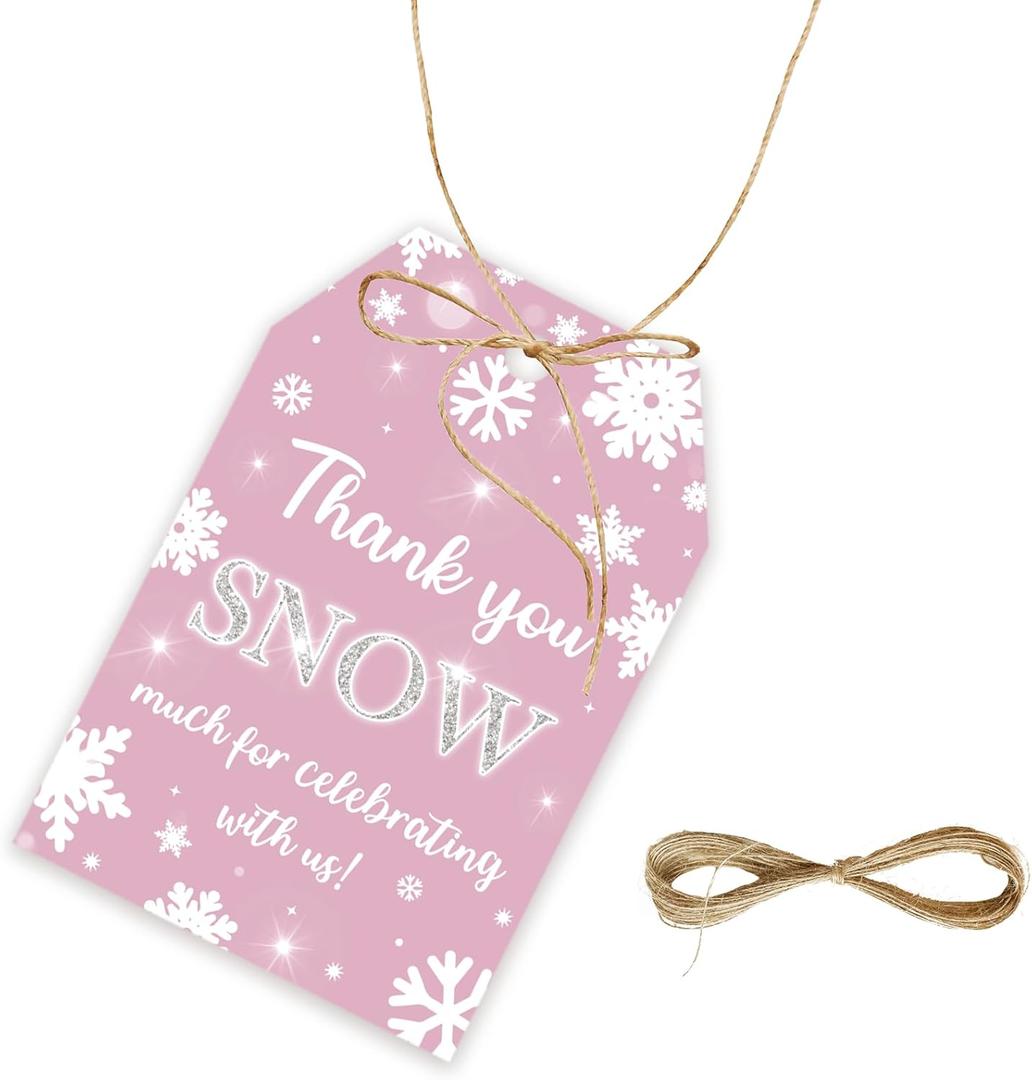 50pcs Snowflake Thank You Tags, Winter Onederland Gift Tag with String for Christmas Party, Pink Snowflake Thank You Paper Tags for Holiday/Winter Party Favors