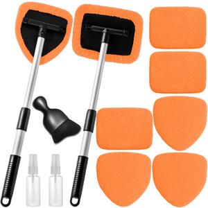11pcs Windshield Cleaner Tool, Car Window Cleaning Wash Kit with 6 Reusable Microfiber Pads 2 Spray Bottles and Extendable Handles Auto Glass Wiper Kit, Orange