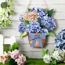 Barydat Spring Door Decorations Blue Hydrangea Wreaths Sign Flowers Spring Door Hanger Rustic Wooden Easter Welcome Hanging Wreath Decorations for Summer Front Indoor Home Porch Wall Windows