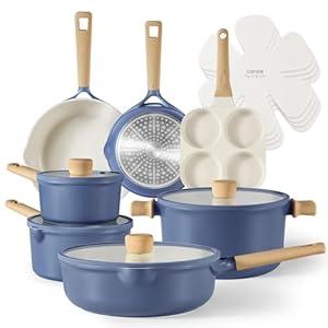 CAROTE 14Pcs Nonstick Ceramic Cookware Set, Non Toxic Cookware PFAS/PFOA Free, Cream White Pots and Pans Set Non Stick, Kitchen Cooking Pan Set, Large Capacity