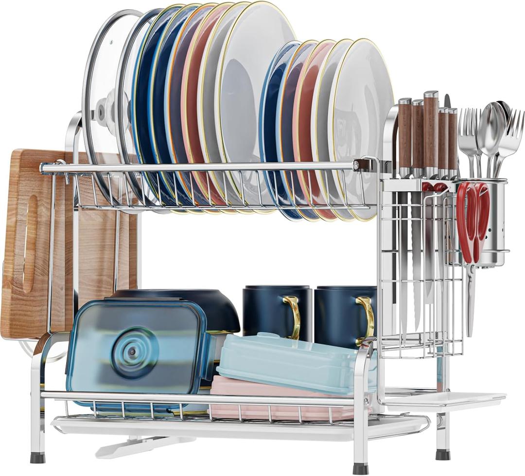 iSPECLE 2 Tier Dish Drying Rack - Stainless Steel Dish Rack for Kitchen Counter with Stainless Steel Utensil Holder and Cutting Board Holder, Silver (Silver- Automatic Drainage)