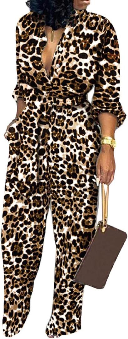 SxClub Jumpsuits for Women Formal Sexy Elegant Long Straight Pants Busineess Party Jumpsuit with Belt Pockets (Large, Leopard)
