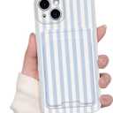 Lovmooful Compatible for iPhone 15 Case Cute Aesthetics Color Striped with Card Holder Design for Girls Women Soft TPU Shockproof More Protective Girly for iPhone 15 Case-Blue&White