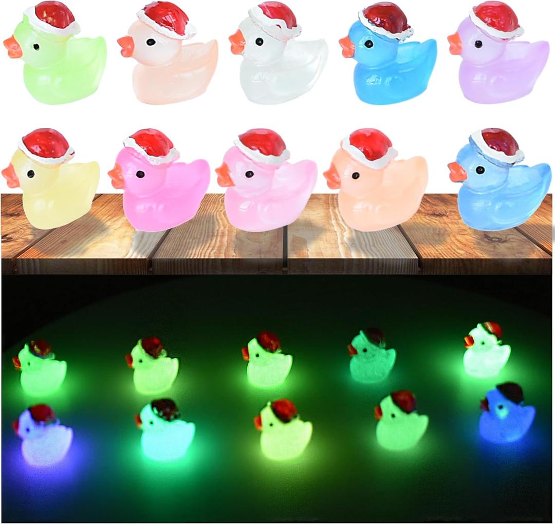 Tindobewan 50 PCS Tiny Ducks Glow in The Dark Mini Resin Ducks Miniature Christmas Hat Duck Figures Ornament for Xmas, Craft, Dollhouse, Slime, Home Decorations(10 Colors)