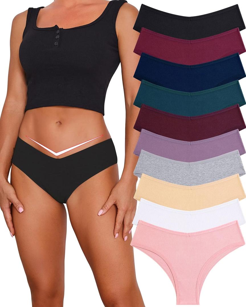 CuteByte 10 Pack Womens Cotton Underwear Sexy Stretch V-Waist Ladies Panties Low Rise Cotton Cheeky Hipster S-XXL (Small, 10 Pack a)