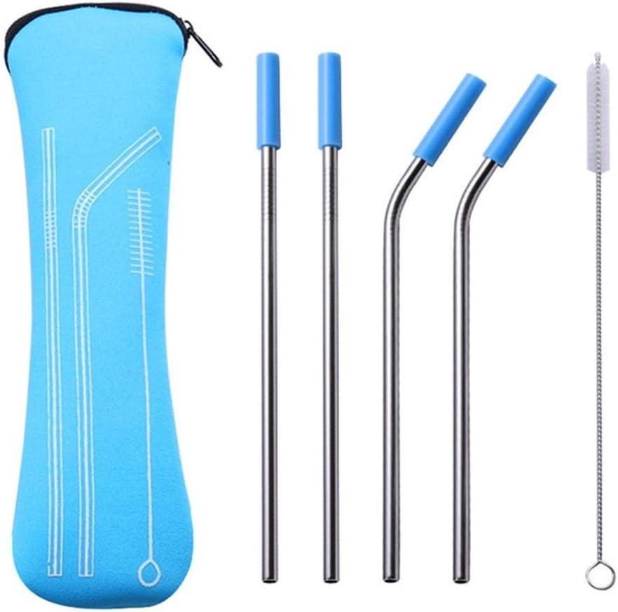 Reusable Metal Drinking Straws, 304 Stainless Steel Straws with Cleaning Brush, Bent and Straight Drinking Straw Set, Eco-Friendly Reusable Straws for Smoothies & Drinks(Blue)