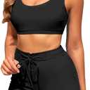 High Waisted Bikini Sets with Shorts Two Piece Swimsuits Full Coverage Bathing Suit Tummy Control Tankini (Medium, Solid Black Bathing Suit)