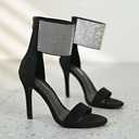 Women's High Heel Sandals Open Toe Ankle Tie Dressy Heeled Sandals for Prom, Party, Evening Events, 3.93 Inch Comfortable Thin Block Heels (Black Cloth)