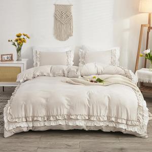 Bedorm Beige Duvet Cover Set King Ruffle Bedding Set Pleat Ruffled Shabby Chic Comforter Cover Extra Soft & Easy Care White Boho Duvet Cover with Zipper Closure (Cream)