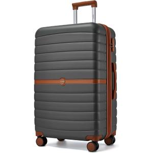 Kono Expandable 28 Inch Luggage with Spinner Wheels, Large Checked Luggage with Lock, Lightweight & Anti-Scratch PC+ABS Hardshell Travel Suitcase, Grey/Brown