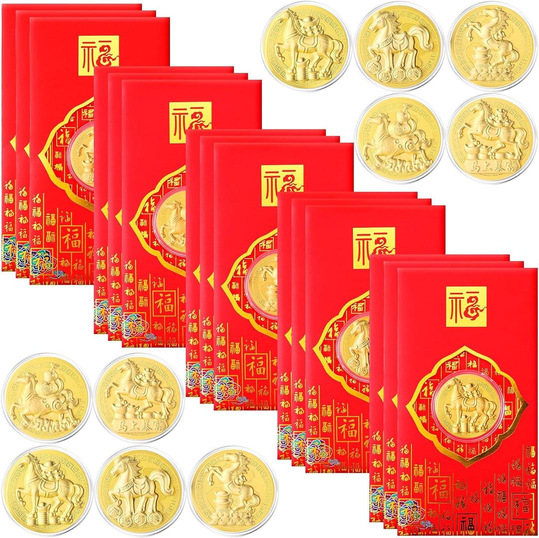 15 Pcs Chinese New Year Red Envelopes with Horse Coins 2026 Lunar New Year of the Horse Commemorative Coins Lucky Money Hong Bao Envelopes Zodiac Souvenir Coin for Blessing Health and Wealth