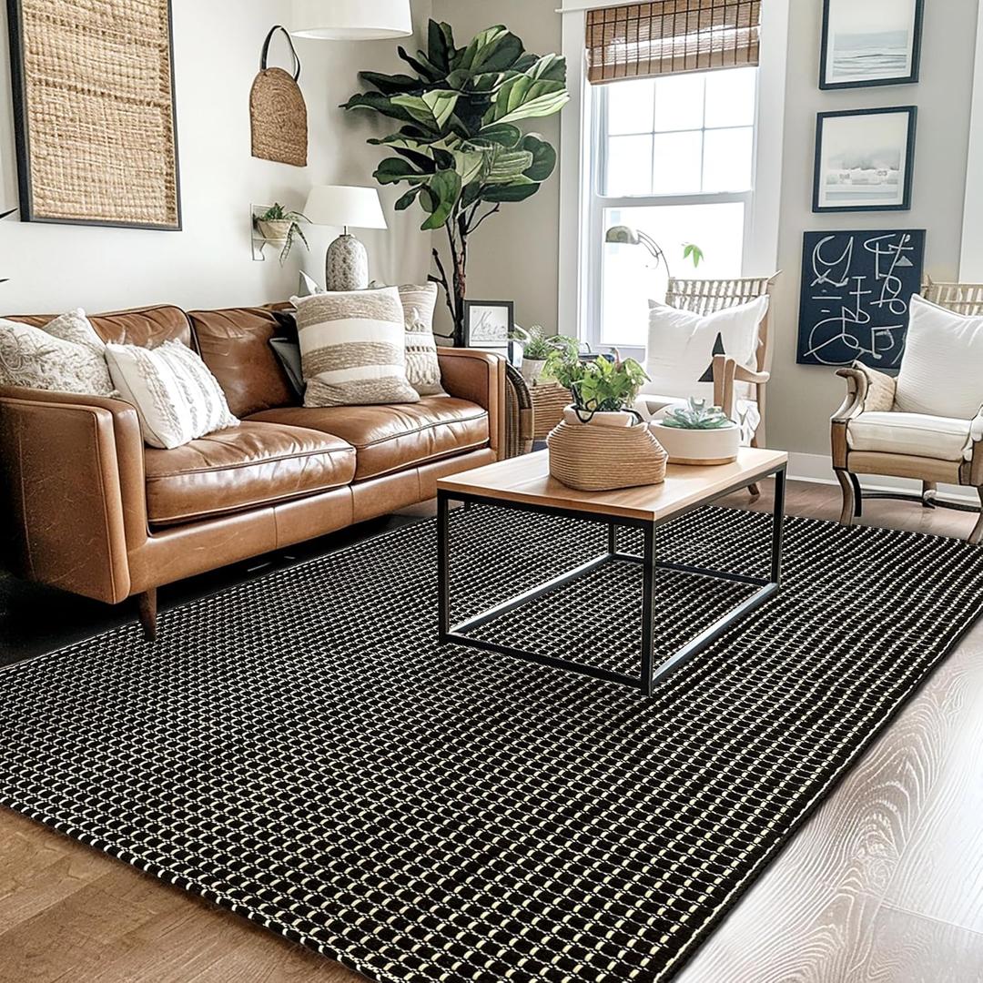 Natural Cotton Woven Rugs 4x6 ft Washable Black Boho Reversible Bedroom Area Rug Modern Farmhouse Indoor Accent Kitchen Rug Floor Carpet for Ding Room Living Room