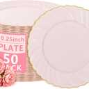 YOUBET 50 Pack Pink Scalloped Plastic Plates - 10.25 Inch Pink Disposable Plates - High End Elegant Vintage Dinner Plate for Party & Weeding & Birthday Mothers Day