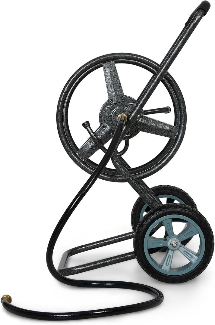 Backyard Expressions 2Wheel Garden Hose Reel Cart, Portable HandCrank Hose Reel, RustResistant Hammertone Gray Finish, Brass Connectors