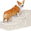 Pet Stairs with Storage, Pet Step for Small Dogs and Cats, 3-Step Folding Pet Steps with Zip, Cat Stairs Dog Steps for Bed, Couch and Car Ramp (Beige, 3 Steps)