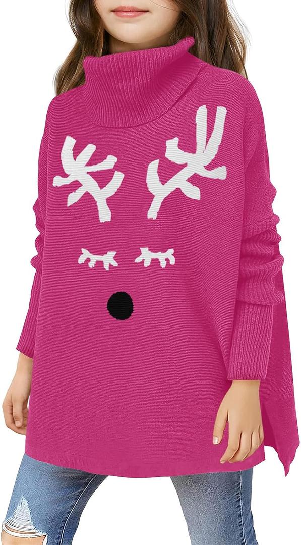 Haloumoning Girls Christmas Sweater Kids Oversized Turtleneck Cute Reindeer Sweaters with Side Slit