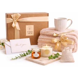 Gift Basket for Women, Unique Birthday Gift, Relaxation or Get Well Soon Gift – Cozy Blanket, Mug, Candle, Honey Jar, Herbal Tea, Gold Spoon, Thank you Card, Gift Box – White Arch