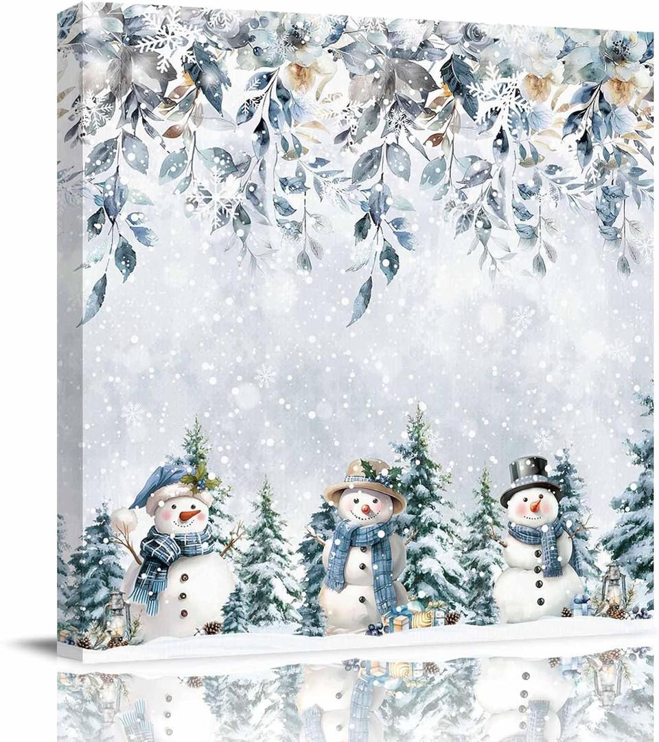 Christmas Canvas Wall Art - Grey Christmas Blue Scarf Snowman Xmas Tree Flowers - Modern Wall Decor Gallery Canvas Wraps Giclee Print Picture Stretched and Framed Ready to Hang - 8" x 8"