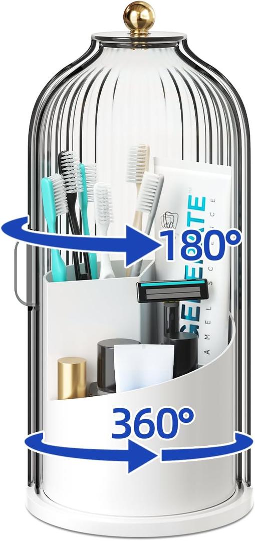 Dustproof Toothbrush Holders with Cover for Bathrooms, Rotating Covered Tooth Brush Holder for Bathroom Counter, Dust Proof Plastic Makeup Brush Holder Organizer with Sliding Lid for Vanity,Grey White