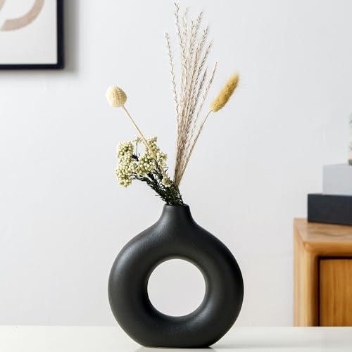 Modern Donut-Shaped Decorative Vases, Handmade Minimalist Boho ins Style, Modern Vase for Home Decor for Wedding Dinner Table Party Living Room Office Bedroom (Black, Small)