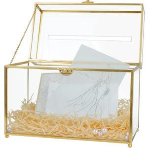 Jajamy Glass Wedding Card Box with Slot, Large Clear Card Box Gold Brass Storage Box Perfect for Wedding Receptions, Birthday Party, Bridal Shower Greeting Card Organizer