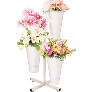 Flower Display Stand with Buckets, Metal Flower Bar Stand Rustic Farmhouse Florist Bouquet Holder Flower Cart Display Shelf for Outdoor Patio Garden Wedding Decor (Round)