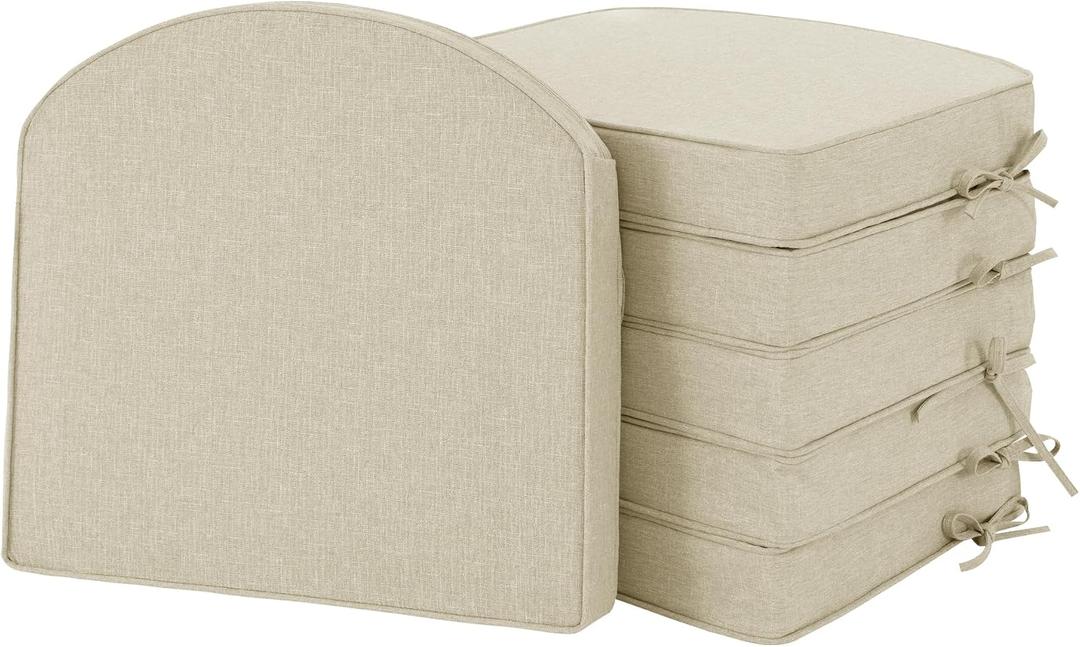 Outdoor Chair Cushions, Fade-Resistant & Water-Resistant, D Shaped Patio Furniture Seat Chair Pads Replacement with Ties, Non-Slip Bottom, Removable Cover, Set of 6, 18.5 x 16 Inch, Beige