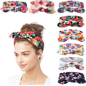 DRESHOW 8 Pack Adjustable Knotted Headbands Cotton Elastic Non Slip Hair Bands Floral Yoga Headbands for Women and Girls