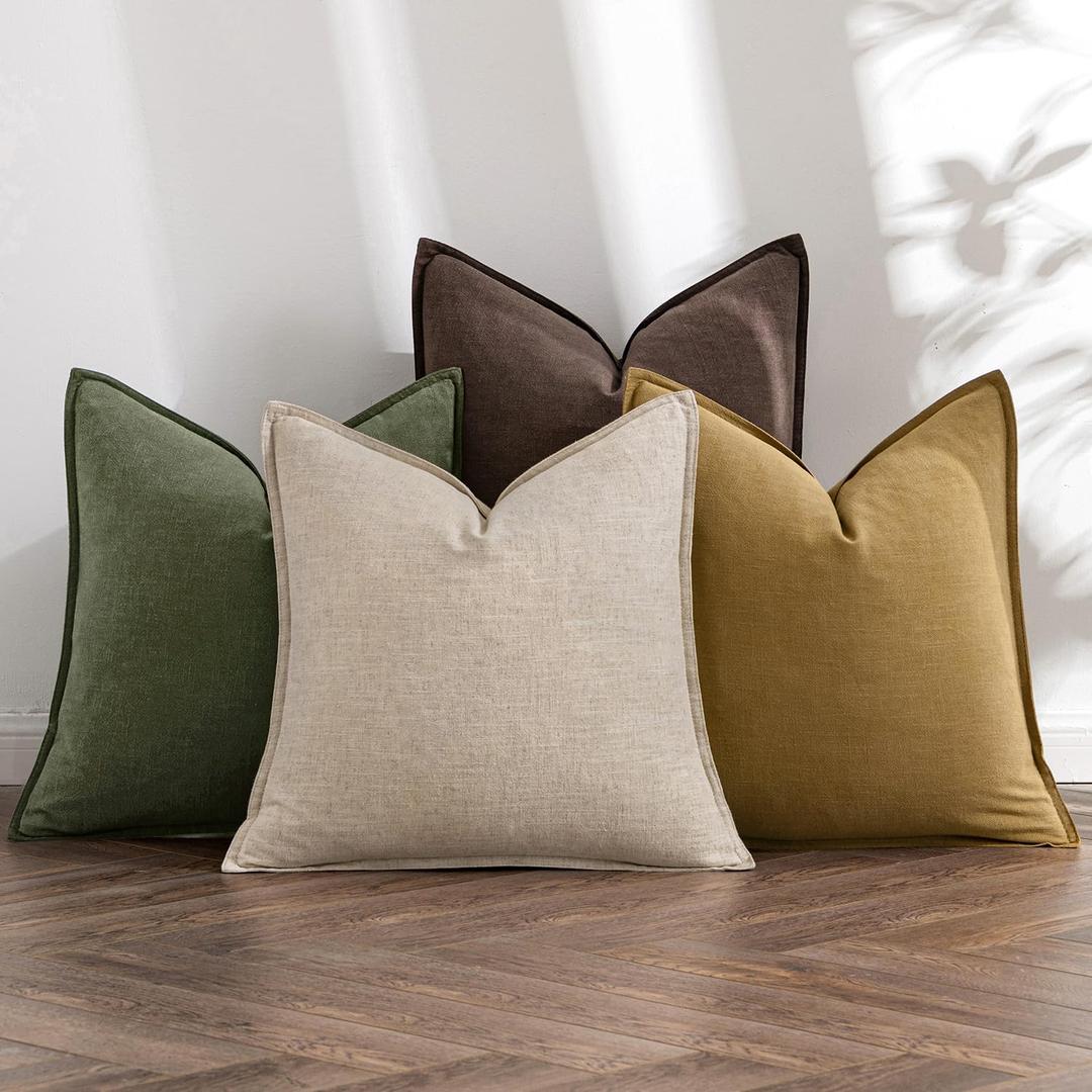 MIULEE Neutral Green/Brown Linen Pillow Covers Pack of 4 Decorative Natural Solid Throw Pillow Covers Soft Accent Boho Farmhouse Couch Pillowcases Spring Decors for Living Room Bed Sofa 18x18 Inch