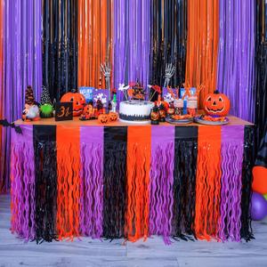 LOLStar Halloween Party Decorations 4 Pack Orange Purple and Black Wavy Metallic Tinsel Foil Fringe Table Skirts for Rectangle and Round Table, Perfect Table Decorations for Halloween Party
